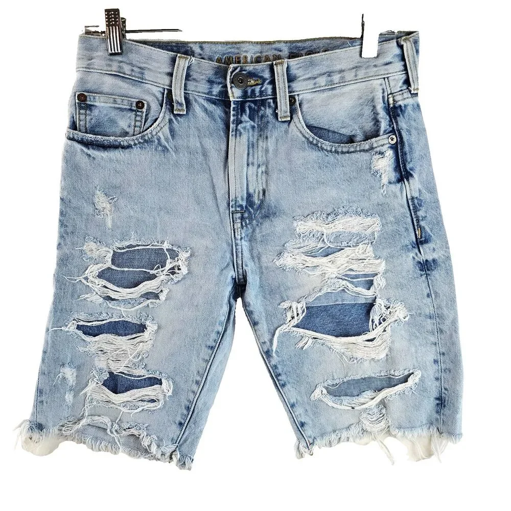 American Eagle Shorts Mens 28 Blue Denim Distressed Ripped Cutoff Jean Grunge